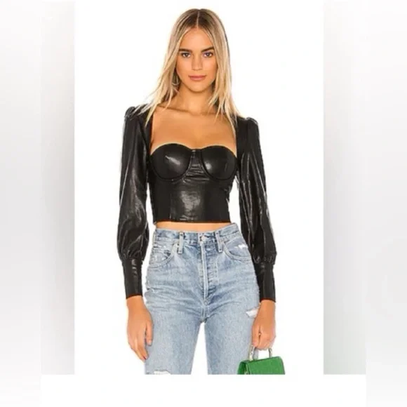 NWT NBD Black FIA Faux Leather Long Sleeve Crop Top Corset - Picture 8 of 8